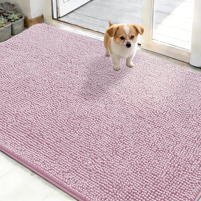 OLANLY Dog Door Mat for Muddy Paws 48x30, Absorbs Moisture and Dirt, Absorbent Non-Slip Washable Doormat, Quick Dry Chenille Mud Mat for Dogs, Entry Indoor Entryway Carpet for Inside Floor, Dusty Rose
