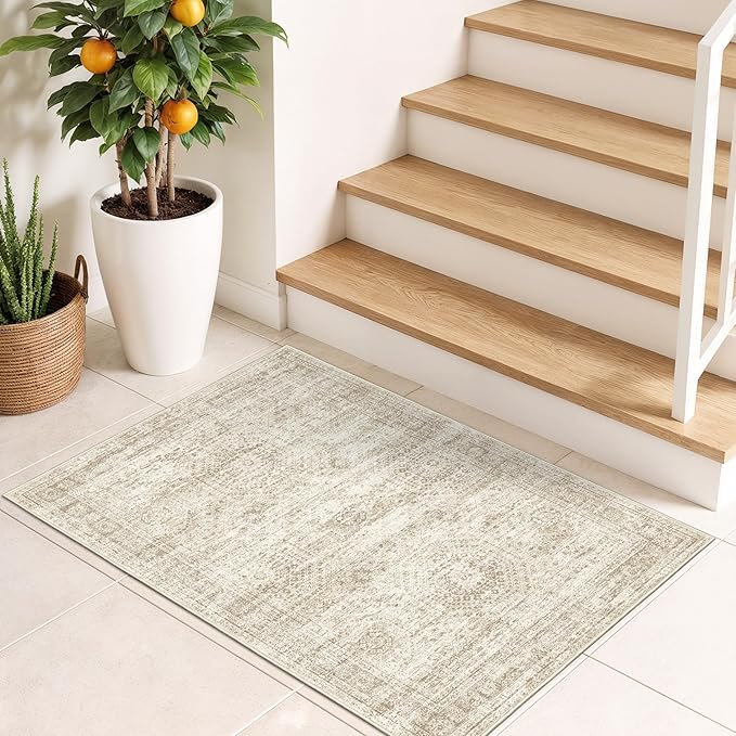 2x3 Washable Rug Runner for Bathroom, Soft Entryway Rug for Laundry Room, Kitchen, Vintage Abstract Hallway Runner for Bedroom, Anti-Slip Door Mat Indoor Entrance(2'x3', Beige/Ivory)