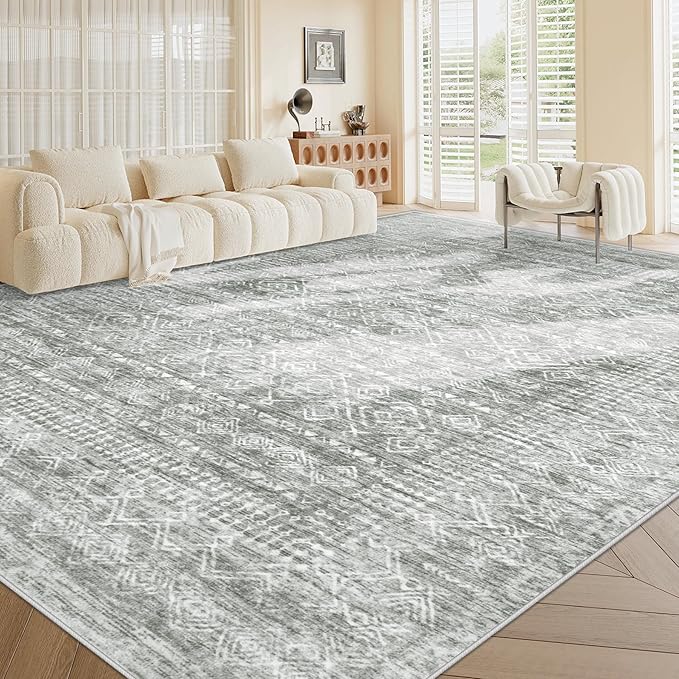Living Room Rugs 9x12: Washable Moroccan Geometric Boho Rug Farmhouse Non Slip Stain Resistant Large Rug Low Pile Soft Carpet for Bedroom Dining Room Children Room (Grey,9'x12')