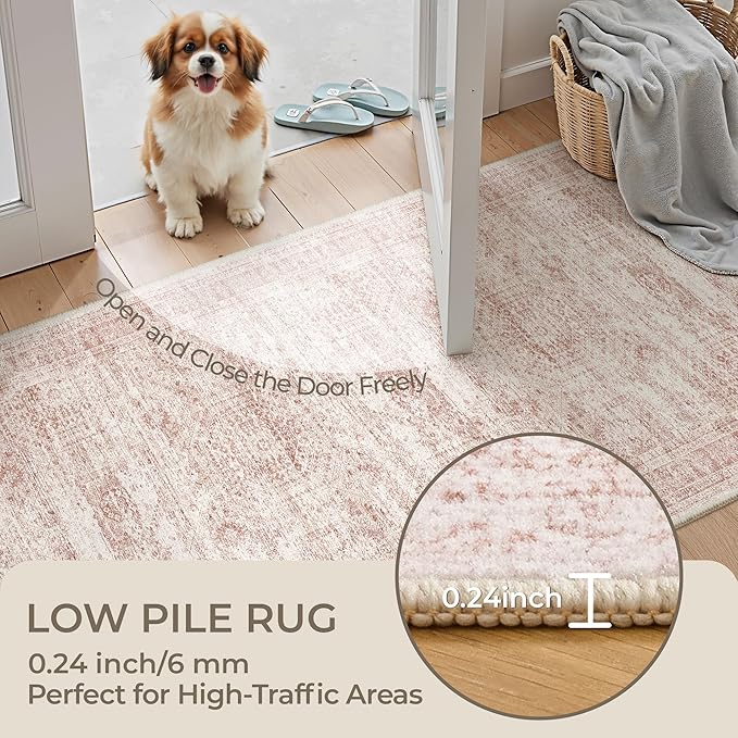 Rug Runners for Hallways Non Slip - 2x8 Runner Rug for Bedroom, Washable Runner with Rubber Backing, Soft Low-Pile Carpet for Kitchen, Laundry, Bathroom (2'x8', Pink/Ivory)