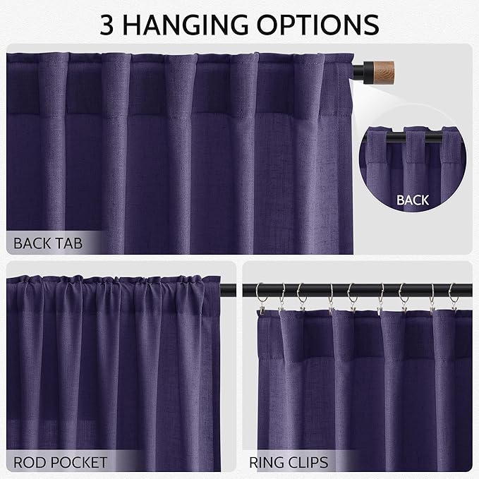 Nanspring Purple Linen Blend Light Filtering Back Tab Curtains 108 Inches Long, Semi Sheer Privacy Drapes for Living Room & Bedroom, 52x108 inch, 2 Panels