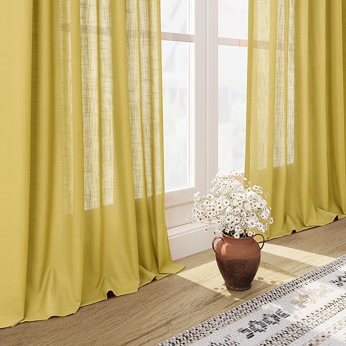 Nanspring Celery Yellow Linen Curtains 84 Inch Length 2 Panels Set for Living Room Back Tab Light Filtering Semi Sheer Curtain for Bedroom Farmhouse Drapes, 52x84 Inch, 2 Panels