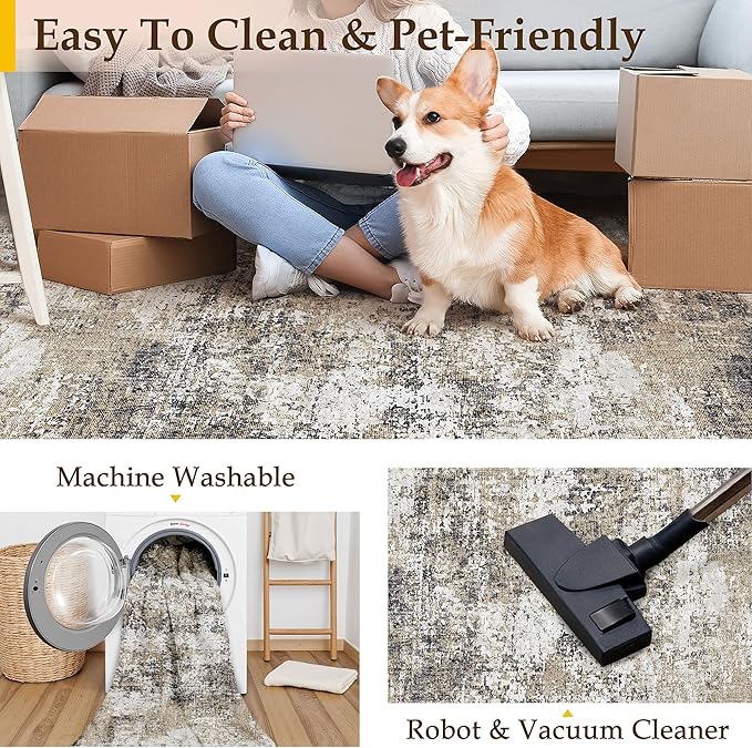 PureCozy 2x3 Abstract Area Rug Brown Washable Modern Entryway Carpet Non Slip Ultra Soft Neutral Low Pile Door Mat Contemporary Small Throw Rug for Bathroom Laundry Kitchen Dining Room