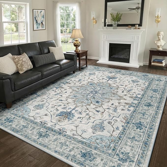 RELEANY Area Rugs 8'x10' Washable Non-Slip, Floral Vintage Distress Print Pattern Medallion Carpet for Living Room Bedroom Dining Room, Light Blue Navy Beige Gray White