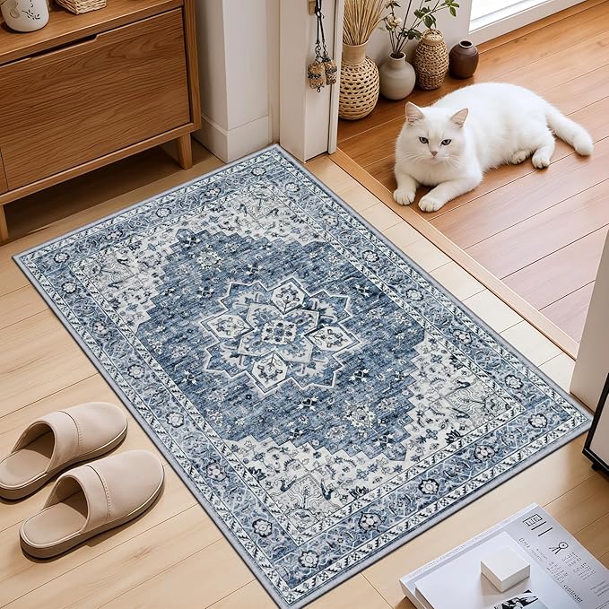 2x3 Area Rugs Living Room Rug: Washable Vintage Boho Medallion Rug No Slip Stain Resistant Soft Carpet Indoor Floor Large Carpets for Bedroom Dining Room Farmhouse Nursery Hallway Home Office Blue