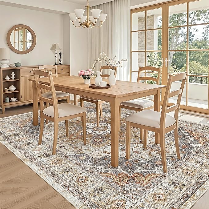 Madane 6x9 Area Rugs for Living Room, Stain Resistant Washable Rugs, Non-Slip Backing Area Rug, Vintage Home Decor Rug for Bedroom (Turmeric/Grey, 6'x9')