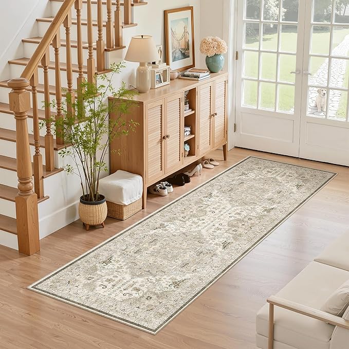 Madane Washable Runner Rug 2x6, Ultra-Thin Non-Slip Non-Shedding Hallway Runner, Stain Resistant Kitchen Mat Entryway Carpet Runner, Vintage Pet Friendly Low Pile Runners (2x6ft, Ivory/Brown)