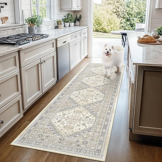 Runner Rug 2x6, Ultra-Thin Entryway Rug Non Slip Washable Rugs for Laundry Room, Runners for Hallways, Vintage Soft Rugs for Living Room, Kitchen, Bedroom(Beige,2'x6')
