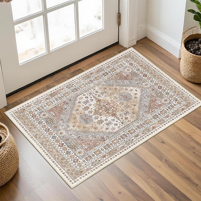 Entryway Rug - 2x3 Washable Rug Runner for Bathroom, Laundry Room, Kitchen, Soft Vintage Hallway Runner for Bedroom, Non-Slip Door Mat Indoor Entrance(Orange,2'x3')