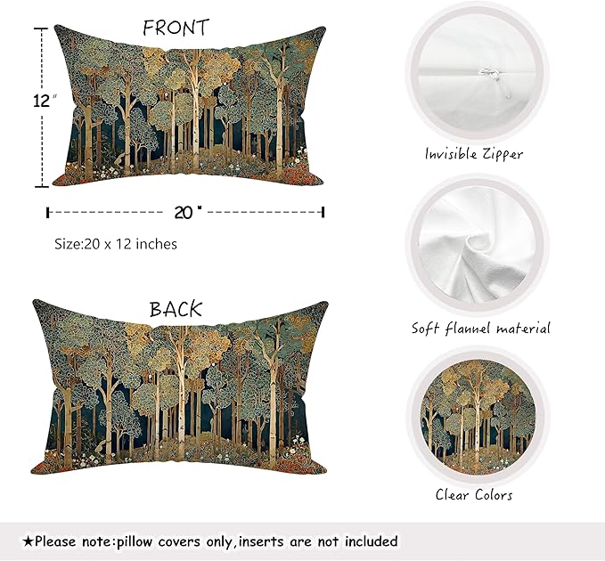 Rustic William Morris Inspired Forest Green Pillow Covers 12x20 Set of 2,Vintage Botanical Nature Landscape Decorative Throw Pillow Covers for Home Bedroom Living Room