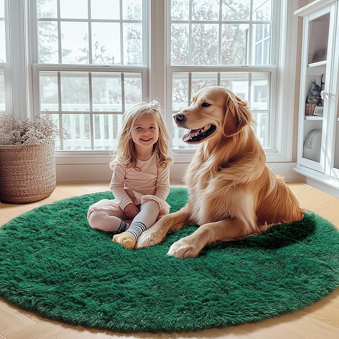 ONASAR Dark Green Round Area Rug 4ft, Soft Bedroom Circle Rugs for Kids Girls Teen Room, Cute Furry Plush Shaggy Carpet for Baby Nursery Living Room Playroom Dorm Christmas Home Decor