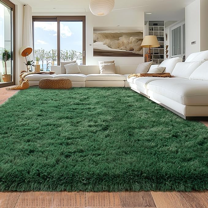 Rugs for Living Room 8x10, Soft Shaggy Modern Shag Area Rug for Bedroom, Upgrade Non-Slip Plush Fluffy Carpet for Kids Boys Girls Room Home Decor Aesthetic, Blackish Green