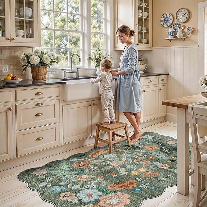 4x6 Living Room Area Rugs: Washable Farmhouse Nursery Kitchen Floral Rugs Non-Slip Small Cute Bedroom Carpet Non-Shedding Floor Mat for Kids Room University dormitory Decorative Rugs(4x6,Floral/Green)