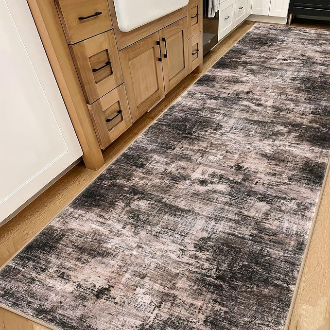 IOHOUZE Abstract Runner Rug 3x14 Ft Washable Runners for Hallways, Non Slip Kitchen Runner Printed Faux Wool Entryway Runner Indoor, Modern Abstract Floor Carpet for Hall Stair, Brown/Rust