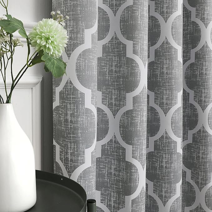 Beauoop 100% Blackout Curtains 84 Inches Long for Patio Sliding Door Grey Extra Wide Moroccan Geo Room Darkening Gray Thermal Soundproof Room Divider Grommet Window Treatment Drapes,100x84 Set of 1