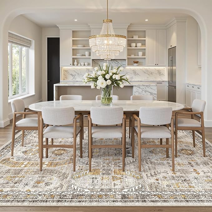 Madane Washable Rug 8x10 Area Rugs for Living Room, Ultra-Thin Non-Slip Backing Rug, Stain Resistant Vintage Large Area Rug for Bedroom (Brown/Gold, 8'x10')