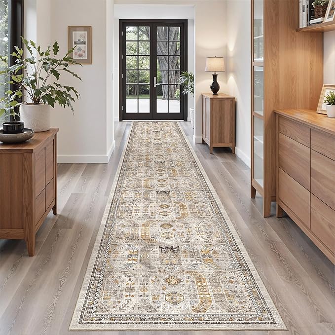 Madane Hallway Runner Rug 2'6''x16' Kitchen Runner - Non Slip Vintage Runners for Hallways Washable Kitchen Rugs Soft Low Pile 2.5x16 ft Rug Runner for Laundry Room, Entryway and Bedroom, Brown/Gold