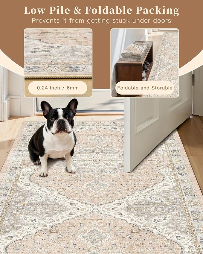Madane Washable Runner Rug - 2x6 Rug Runners for Hallways 6 Feet Non Slip Vintage Kitchen Runner Rug Ultra-Thin Bathroom Runner Rugs Carpet Laundry Room Bedroom (2x6ft, Pink/Gray)