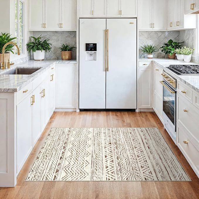 3x4 Washable Entryway Area Rug: Moroccan Small Runner Rug for Hallway Soft Modern Non Slip Door Mat with Rubber Backing Low Pile Thin Floor Carpet for Kitchen Bathroom Bedroom Indoor 3x4 Beige