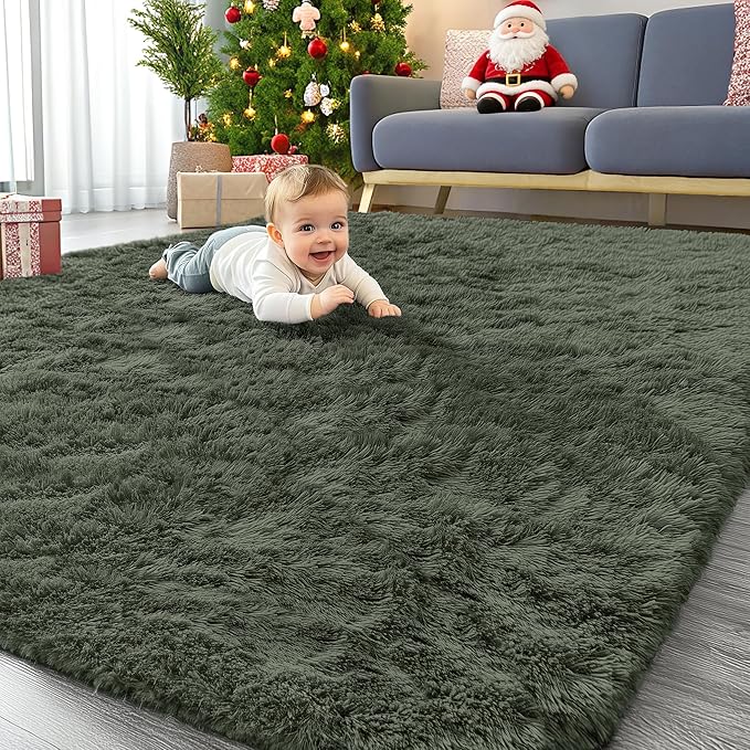 OLANLY 5x7 Machine Washable Large Area Rugs for Living Room, Bedroom, Soft Fluffy Shaggy Bedside Rug, Indoor Floor Carpet for Kids Girls and Boys, Dorms, Nursery, Home Decor Aesthetic, Olive Green