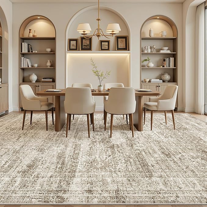10x14 Area Rugs for Living Room, Non Slip Machine Washable Vintage Rugs, Low Pile Lightweight Large Rug for Bedroom, Dining Room, Home Office Brown