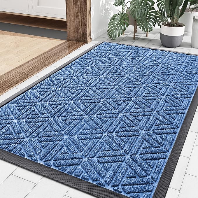 Smiry Front Door Mat Outside Entrance, Heavy Duty Sturdy Natural Rubber Doormat, Trap Dirt and Moisture, Easy Clean Low Profile Mats for Indoor Outdoor Entry, Grid Geometric (35x23, Blue)