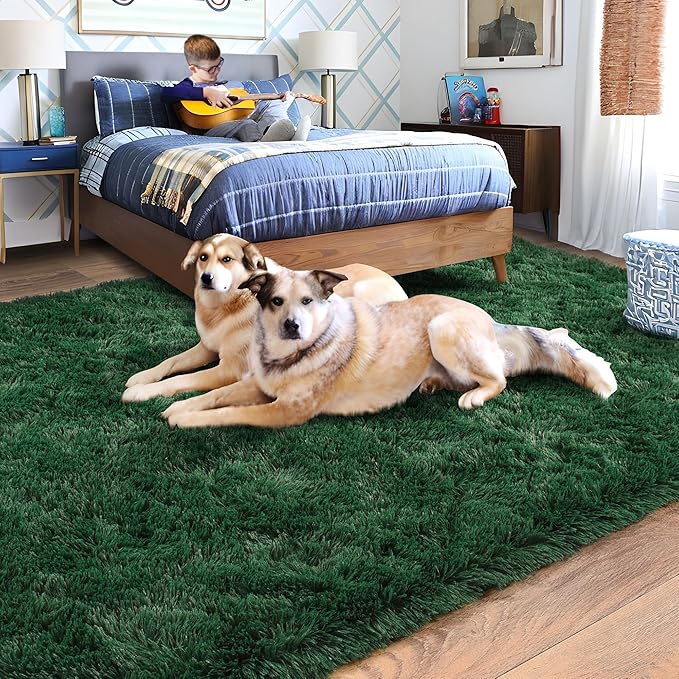 Rugs for Living Room 5x7, Soft Shaggy Modern Shag Area Rug for Bedroom, Upgrade Non-Slip Plush Fluffy Carpet for Kids Boys Girls Room Home Decor Aesthetic, Blackish Green