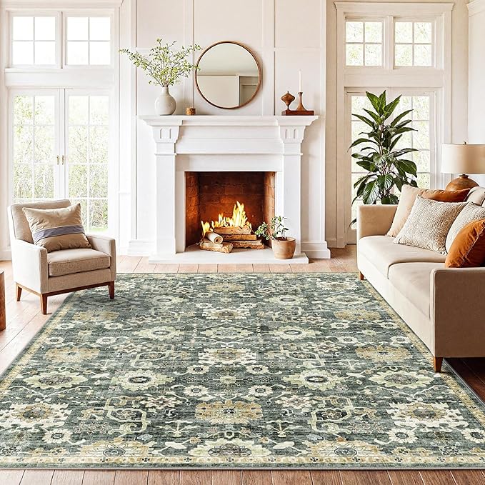AMADA HOMEFURNISHING 5x7 Area Rugs, Washable Living Room Rug Low-Profile with Non-Slip Backing & Durable Edge Binding, Vintage 5x7 Rugs for Living Room, Bedroom, Dining Room