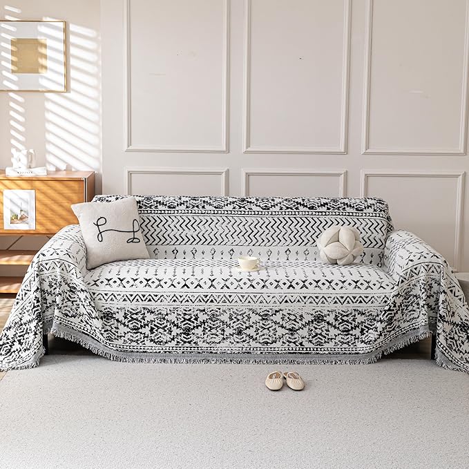 Boho Chenille Couch Cover for Dogs, Non Slip Sofa Cover, Couch Slipcover Covers for 3 Cushion, Furniture Protector with Tassels for Pets Washable, 71"x118", Geometric Black