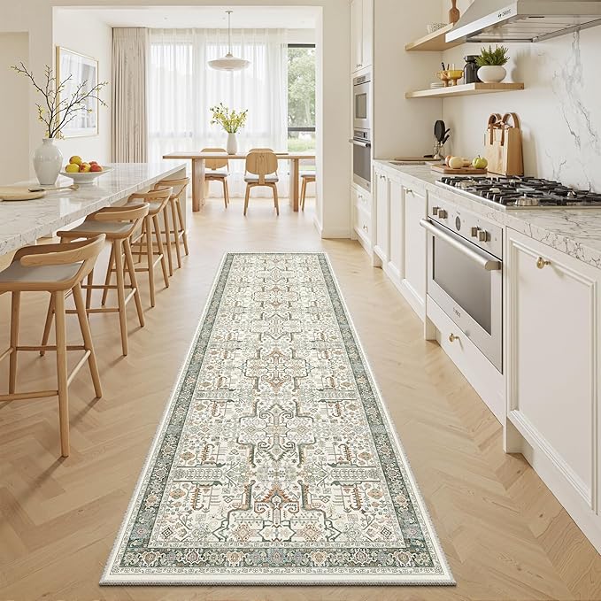 2x6 Hallway Washable Runner Rug - Soft Non Slip Vintage Rugs for Entryway Low-Pile Farmhouse Neutral Kitchen Runners Living Room Floor Mat Stain Resistant Distressed Carpet for Bedroom Bathroom Green