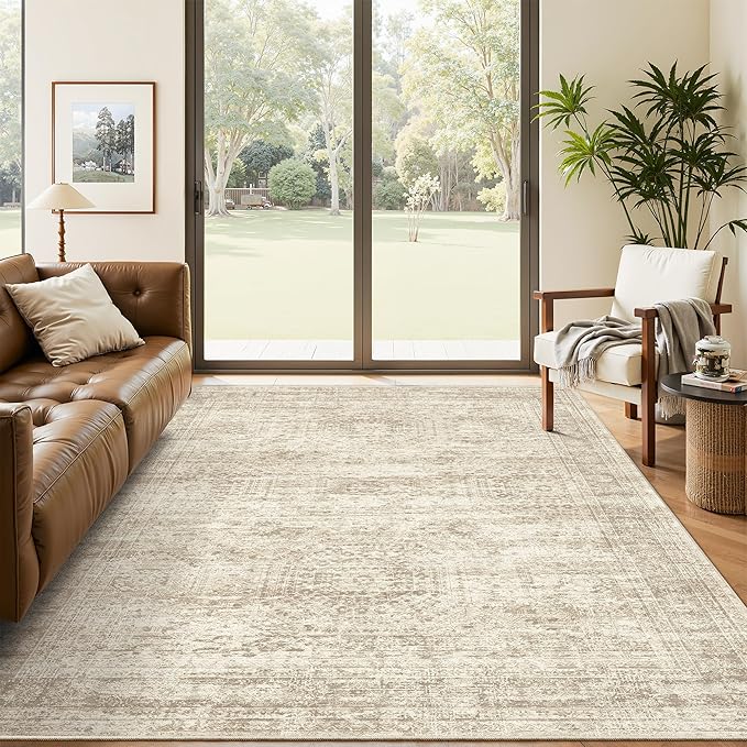 4x6 Area Rugs for Living Room, Vintage Washable Rugs for Dining Room, Bedroom, Home Office Decor, Non-Slip Beige Carpet Thin Rug