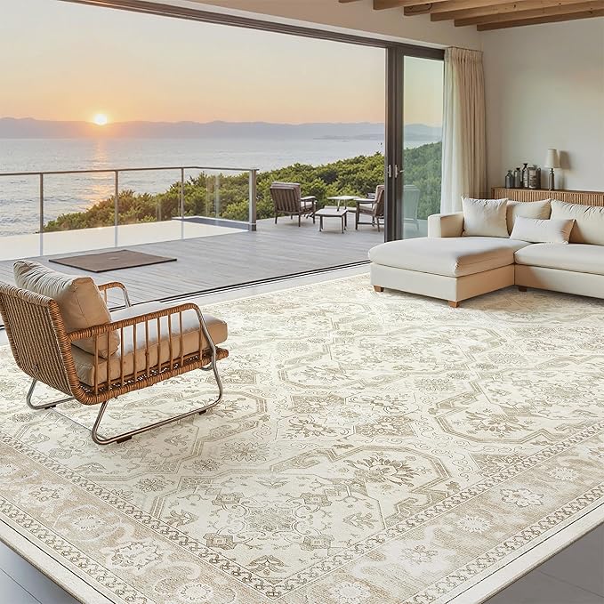 Soalmost 8x10 Area Rugs, Washable Rugs, Large Stain Resistant Beige Area Rug for Living Room Bedroom Dining Room, Vintage Farmhouse Rug