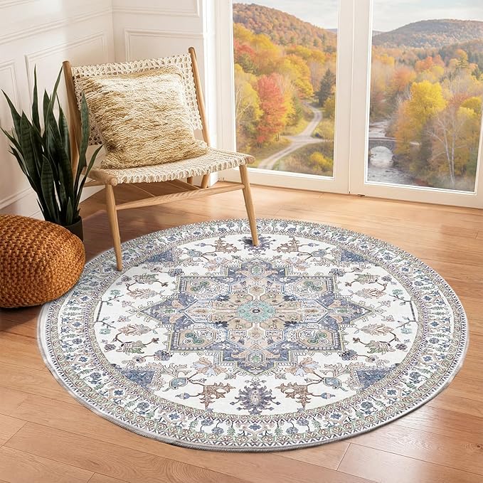 OPPODREAM Soft Round Rug 3ft, Washable Circle Rug 3ft with Non Slip Backing Play Room, Low-Pile Carpet 3 ft, Small Faux Cashmere Throw Carpet, Purple & Green & Cream