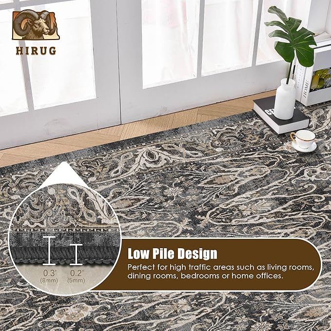 Washable Area Rug 4' x 6' Vintage Traditional Persian Mat - Foldable Distressed Non-Slip Machine Washable Carpet for Living Room Bedroom Kitchen Home Decor - Ebony and Taupe