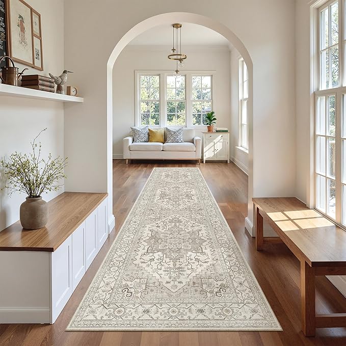 Madane Hallway Runner Rug 2'6''x10' Kitchen Runner, Non Slip Vintage Runners for Hallways 10ft Washable Kitchen Rugs Soft Low Pile 2.5x10 ft Rug Runner for Entryway and Bedroom, Beige/Brown