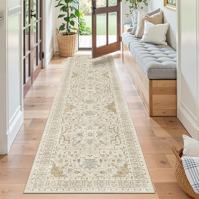 Madane Runner Rug 2x8, Washable Hallway Runner Rugs, Non-Slip Low-Pile Soft Kitchen Rug Runner Laundry Room Rug, Vintage Throw Entry Foyer Mat for Entrance Living Room (Beige/Blue, 2 x 8)