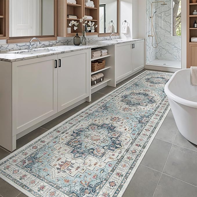 Madane Hallway Runner Rug 2'6''x10' Kitchen Runner, Non Slip Vintage Runners for Hallways Washable Kitchen Rugs Soft Low Pile 2.5x10 ft Rug Runner for Laundry Room, Entryway and Bedroom, Blue