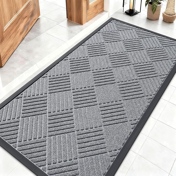 OLANLY Front Door Mat Outside Entrance 47x23, Absorbent, Heavy Duty Sturdy Natural Rubber Doormat Indoor Outdoor, Stain Fade Resistant, Non-Slip Low Profile Floor Mat Entryway, Charcoal Gray Diamond