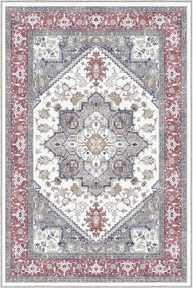 OPPODREAM Soft Throw Rugs 2x3, Small Washable Entryway Rugs 2 x 3 with Non Slip Backing, Low-Pile Faux Cashmere 2 x 3 Carpet, Red & Grey
