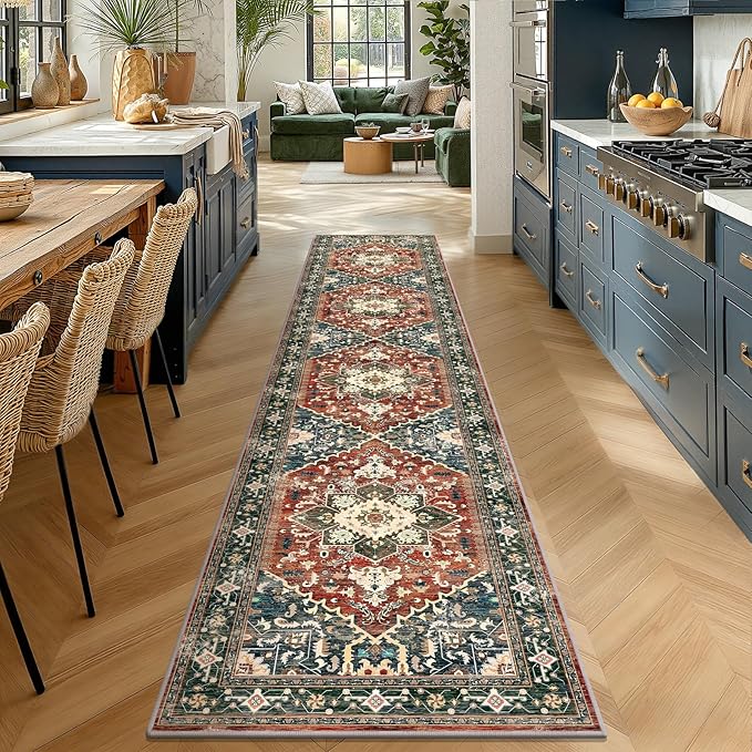 Yamaziot Washable Runner Rug, 2x10 Non-Slip Boho Vintage Hallway Rug Runner with Rubber Backing, Stain Resistant & Low Pile Faux Wool Distressed Carpet Runner for Kitchen, Laundry, Entrance