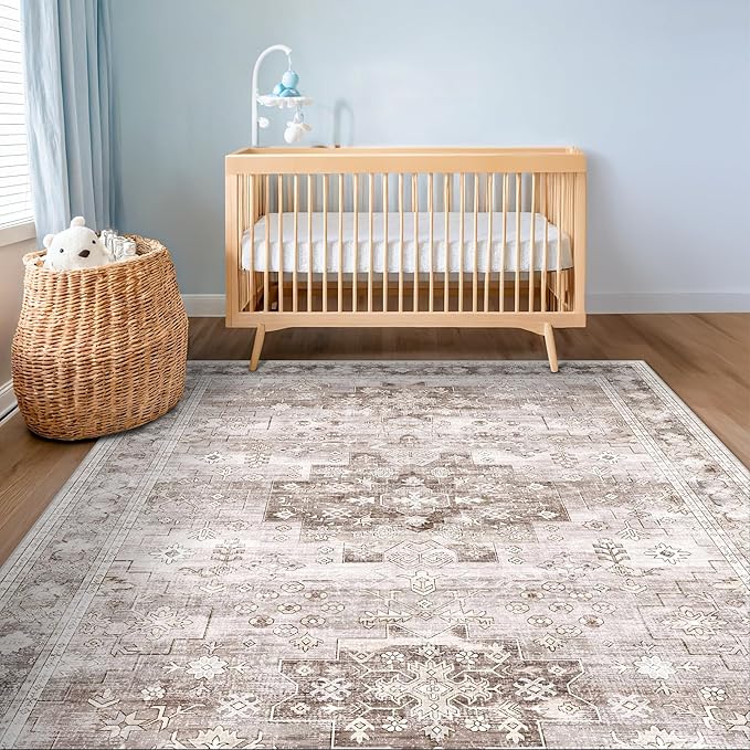 Hazo Haus Washable Neutral Farmhouse Living Room Rug, 5x8 Area Rugs for Bedroom Under Bed, Nursery Room, Boho Vintage Floral Non-Slip Rug Low Pile Stain Resistant (5x8 Beige/Latte)