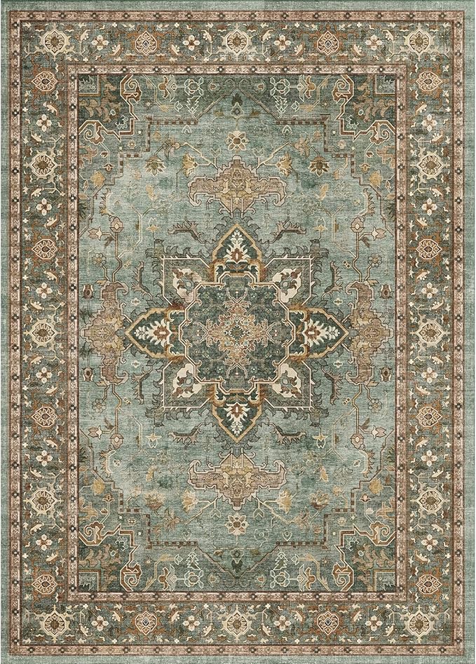 Lofus 8x10 Area Rugs for Living Room, Washable Area Rug, Rugs for Bedroom, Kitchen, Vintage Boho Carpet, Soft Non-Slip, Low Pile Large Area Rug for Office Dining Room, Green