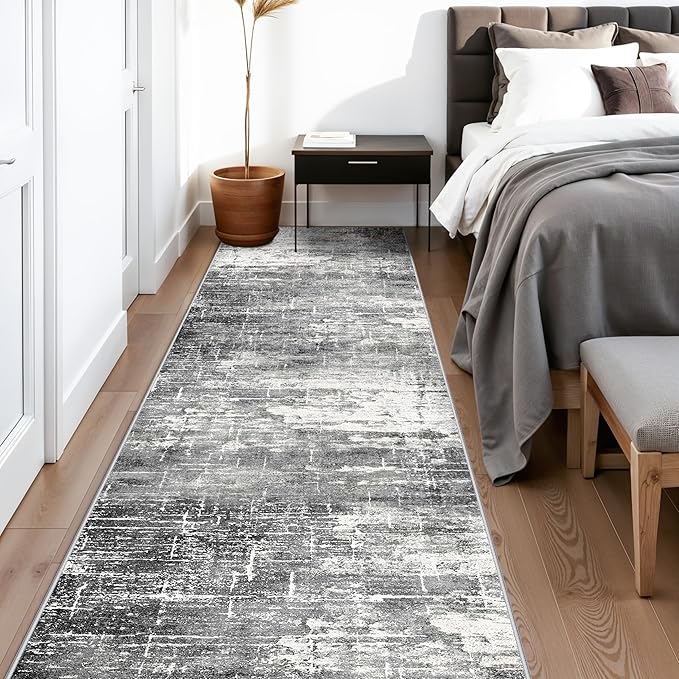 Abstract 14ft Long Runner Rug: Non-Slip Washable Rug Runner Low-Pile Soft Beside Carpet Indoor Farmhouse Entryway Floor Mat Bathroom Living Room Cozy Stain Resistant Area Rugs(2'6x14,Black/Grey)