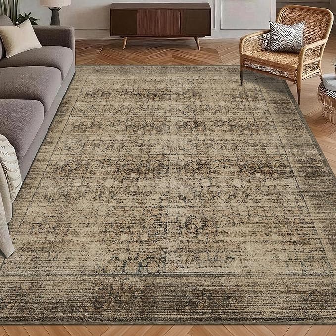 Washable Area Rug 4' x 6' Vintage Traditional Persian Mat - Foldable Distressed Non-Slip Machine Washable Carpet for Living Room Bedroom Kitchen Home Decor - Mocha and Taupe