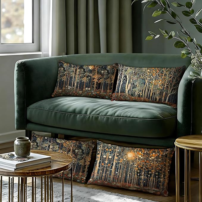 Rustic William Morris Inspired Forest Moon Pillow Covers 12x20 Set of 4,Vintage Botanical Nature Landscape Decorative Throw Pillow Covers for Home Bedroom Living Room,Fall Home Room Decor