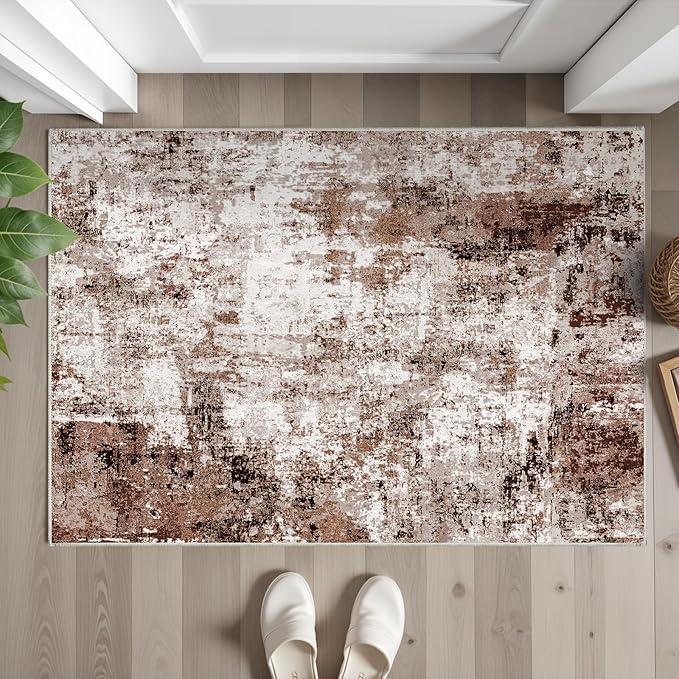 2x3 Small Washable Area Rug: Non-Slip Indoor Door Mat for Entrance Doorway Kitchen Bedroom Living Room - Abstract Farmhouse Throw Rug for Modern Home Decor Brown Khaki White