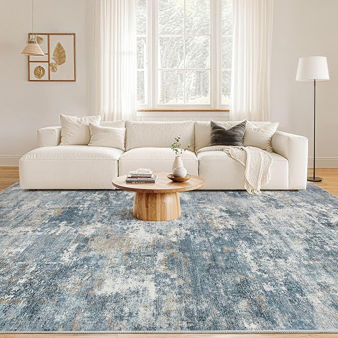 Nakagishi 10x12 Area Rugs Living Room: Washable Abstract Large Neutral Soft Rug Stain Resistant Modern Indoor Floor Non-Slip Carpet for Bedroom Nursery Kids Playroom Office Dining Room Dorm-Blue Brown