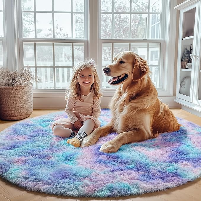 ONASAR Rainbow Round Area Rug 4ft, Soft Bedroom Circle Throw Rugs for Kids Girls Boys Teen Dorm Room, Fluffy Plush Shaggy Carpet Mats for Nursery Living Room Playroom Home Decor Princess Castle