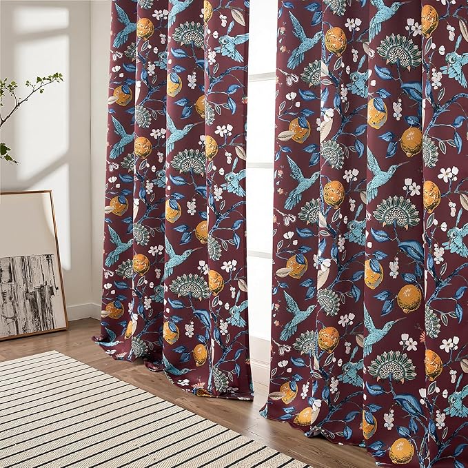 Topfinel Rust Boho Floral Curtains 90 Inches Long 2 Panels Unique Luxury Elegant Colorful Euro Flower Hummingbird Patterned Rustic Vintage Grommet Drapes for Classroom Room Office Closet