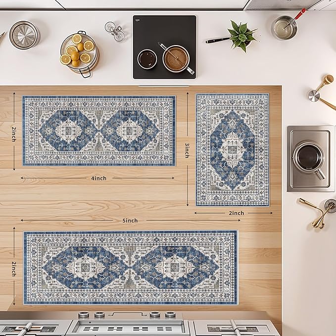 3 Pieces Kitchen Rug Sets: Farmhouse Washable Non-Slip Floor Mat for Sink Stove & Fridge Area Water Resistant Carpet for Laudry Room Entryway Soft Cozy Runners for Kids Pets Family(2x3+2x4+2x5,Blue)